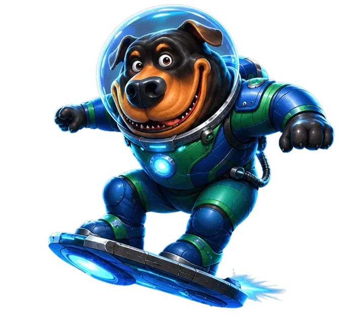 Rumhund på hoverboard ude i rummet